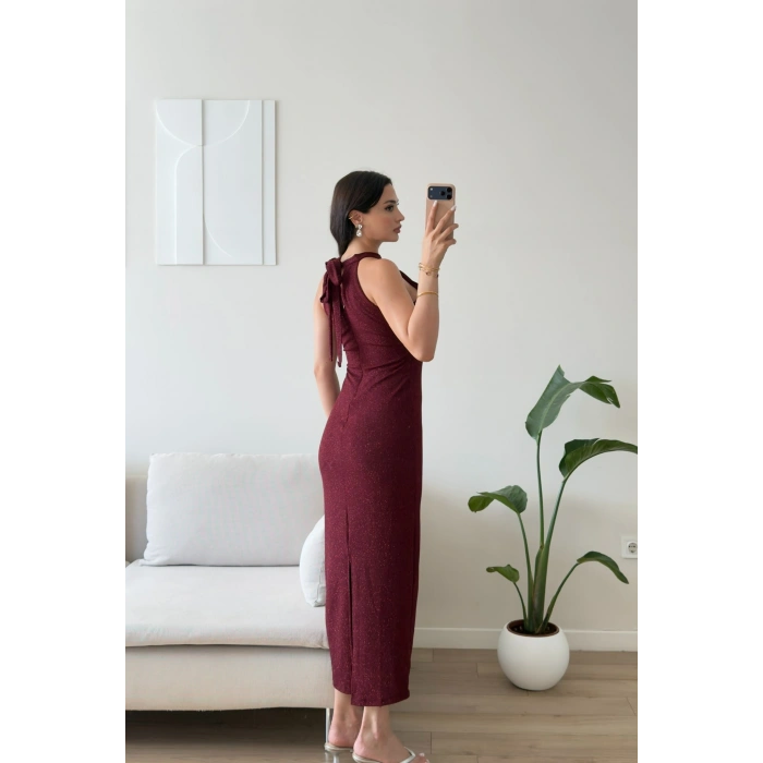 Halter Yaka Simli Long Elbise - BORDO