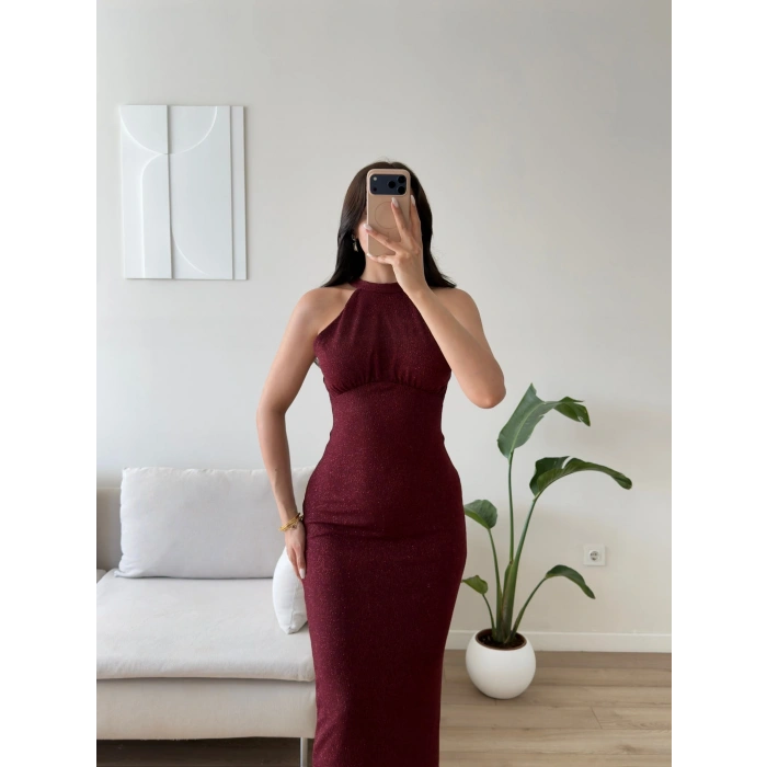 Halter Yaka Simli Long Elbise - BORDO