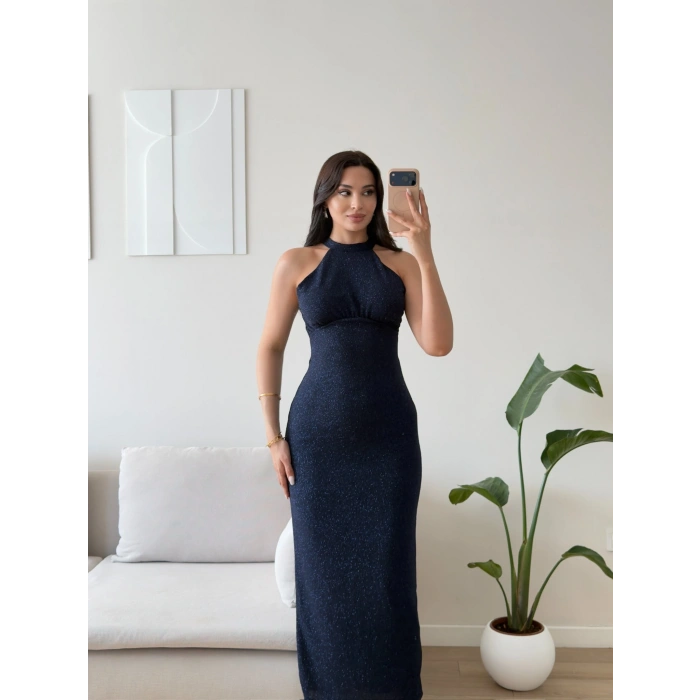 Halter Yaka Simli Long Elbise - LACİVERT