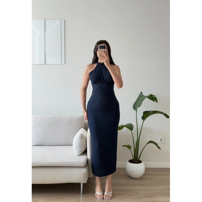 Halter Yaka Simli Long Elbise - LACİVERT
