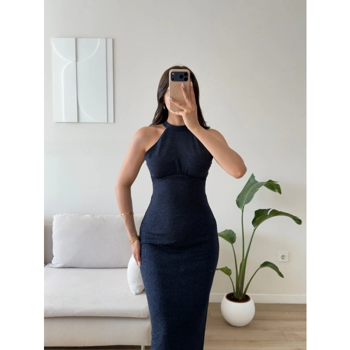 Halter Yaka Simli Long Elbise - LACİVERT