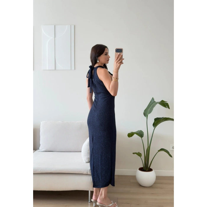 Halter Yaka Simli Long Elbise - LACİVERT