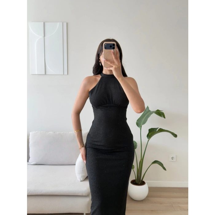 Halter Yaka Simli Long Elbise - SİYAH
