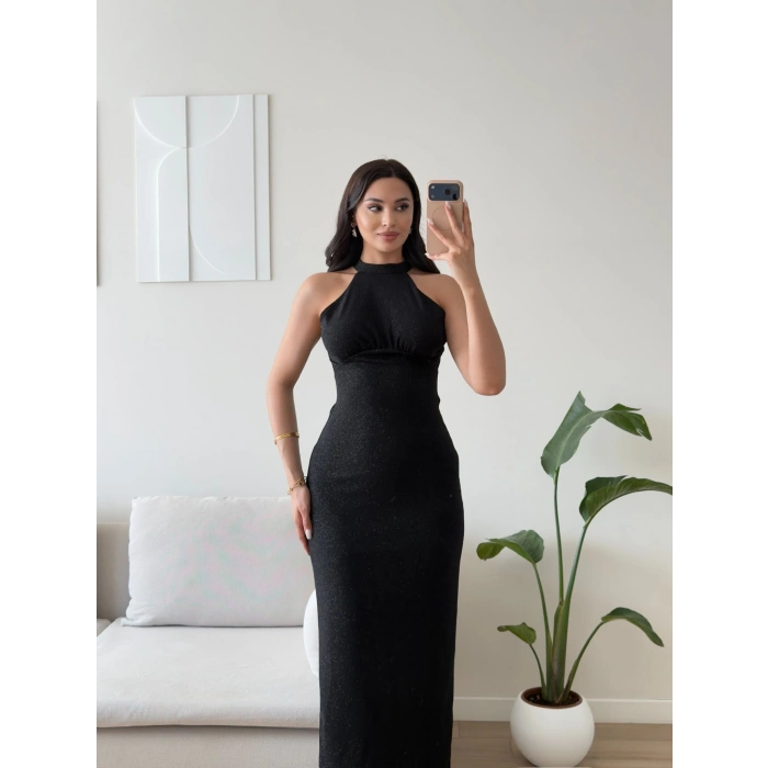 Halter Yaka Simli Long Elbise - SİYAH
