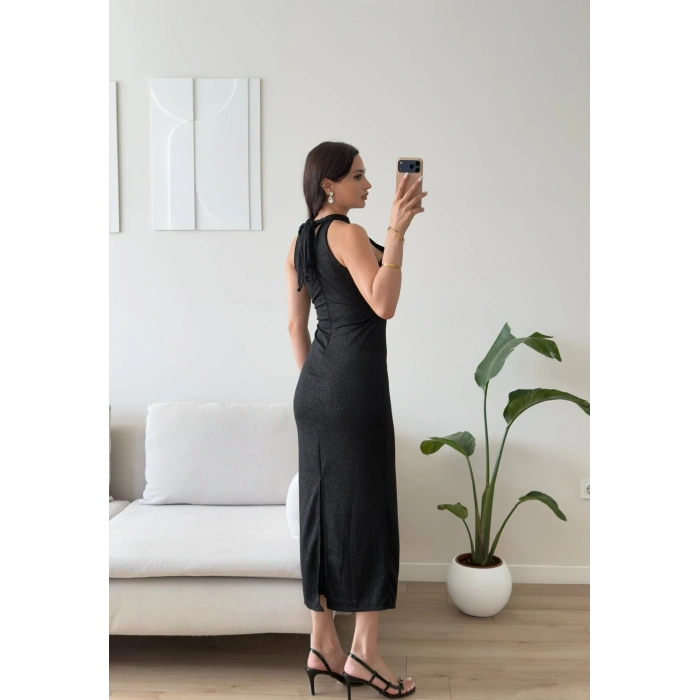 Halter Yaka Simli Long Elbise - SİYAH