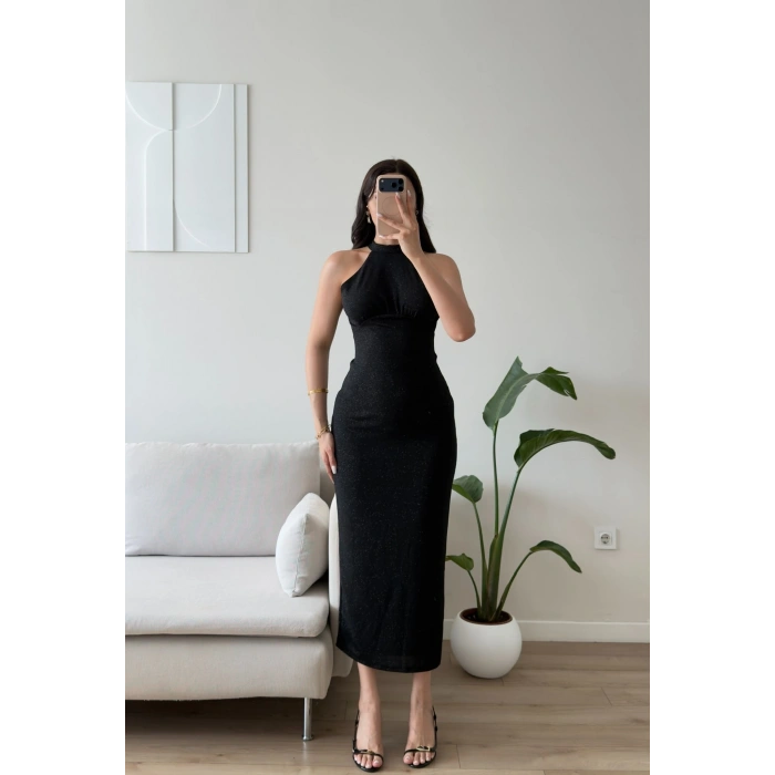 Halter Yaka Simli Long Elbise - SİYAH