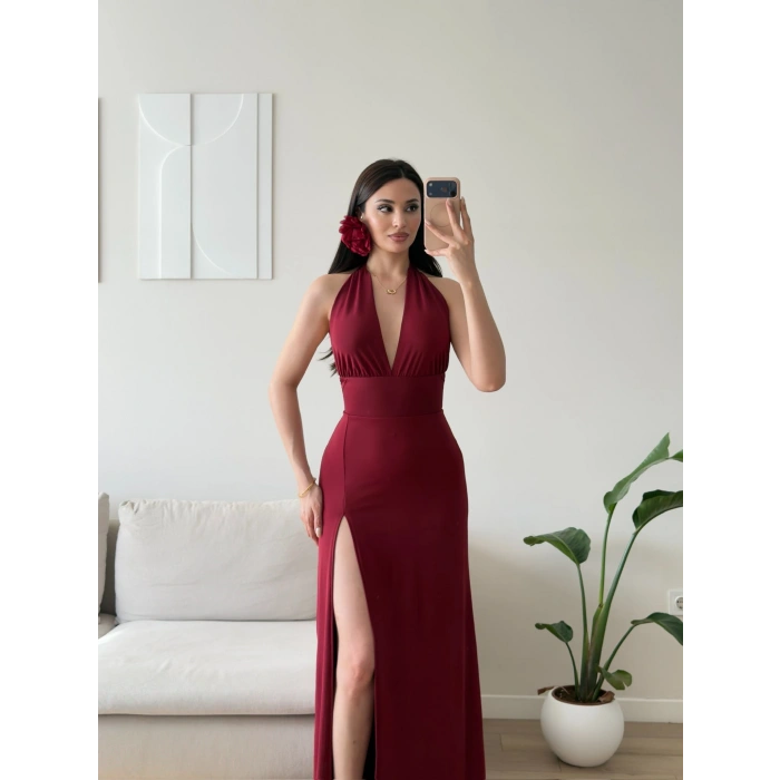 Halter Yaka Sırt Bağlamalı Yırtmaçlı Maxi Elbise - BORDO