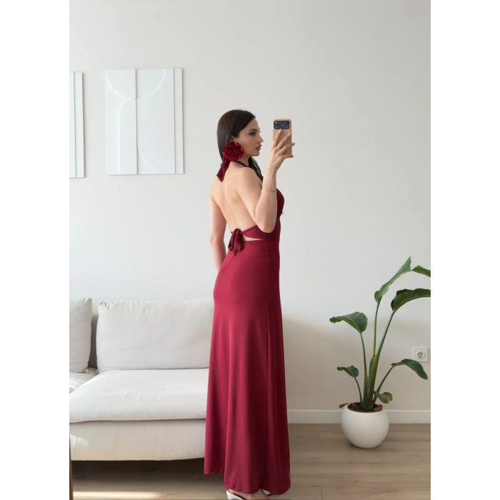 Halter Yaka Sırt Bağlamalı Yırtmaçlı Maxi Elbise - BORDO