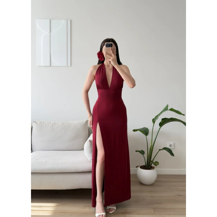 Halter Yaka Sırt Bağlamalı Yırtmaçlı Maxi Elbise - BORDO