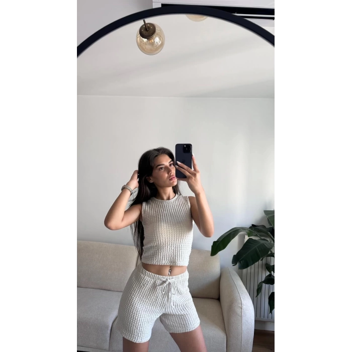 Halter Yaka Şortlu Takım - BEJ