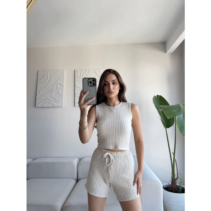 Halter Yaka Şortlu Takım - BEJ