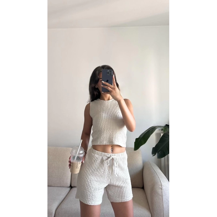 Halter Yaka Şortlu Takım - BEJ