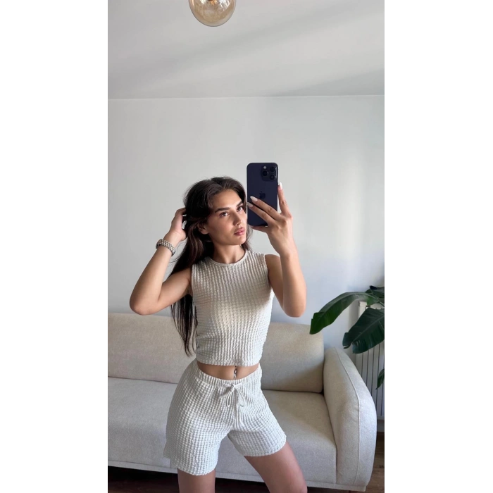 Halter Yaka Şortlu Takım - BEJ