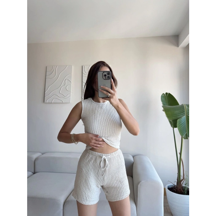 Halter Yaka Şortlu Takım - BEJ