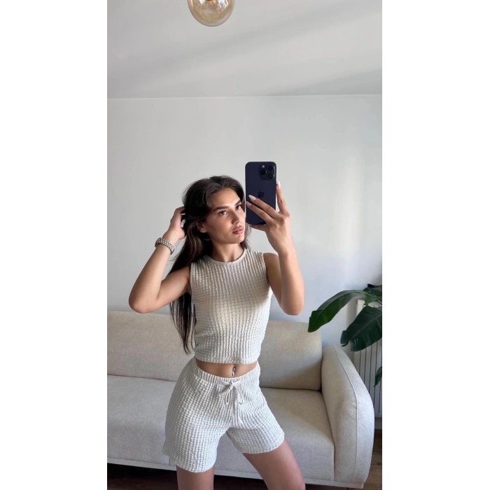 Halter Yaka Şortlu Takım - BEJ