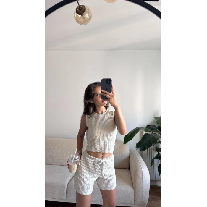 Halter Yaka Şortlu Takım - BEJ