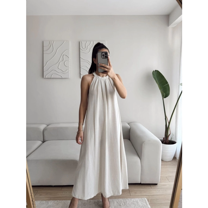 Halter Yaka Tiril Keten Elbise - BEJ
