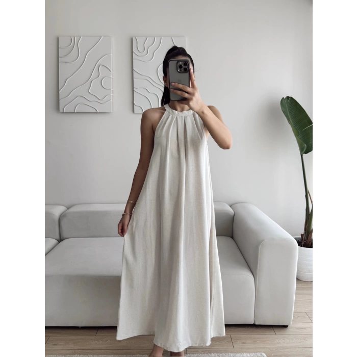 Halter Yaka Tiril Keten Elbise - BEJ