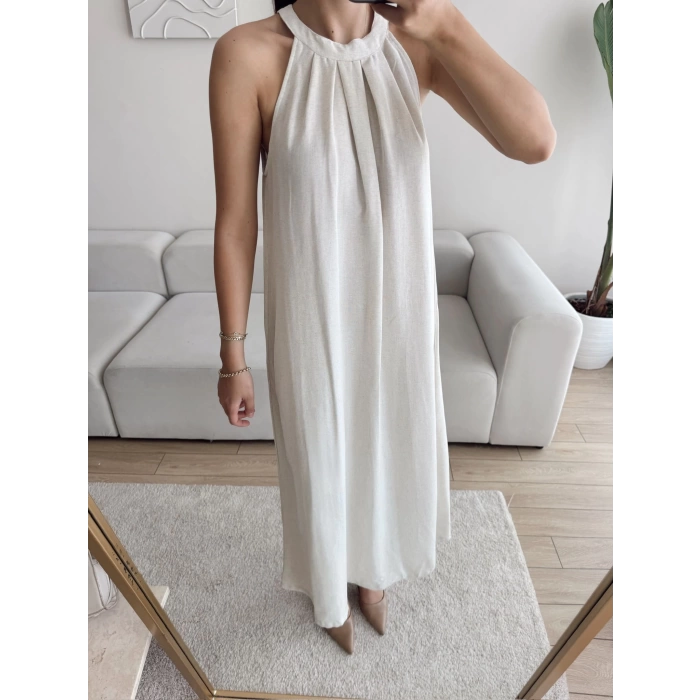 Halter Yaka Tiril Keten Elbise - BEJ