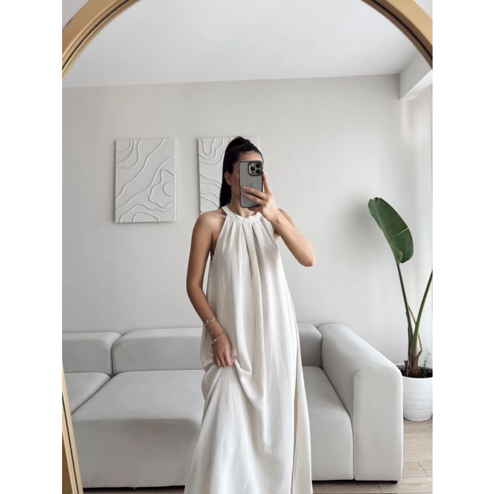 Halter Yaka Tiril Keten Elbise - BEJ