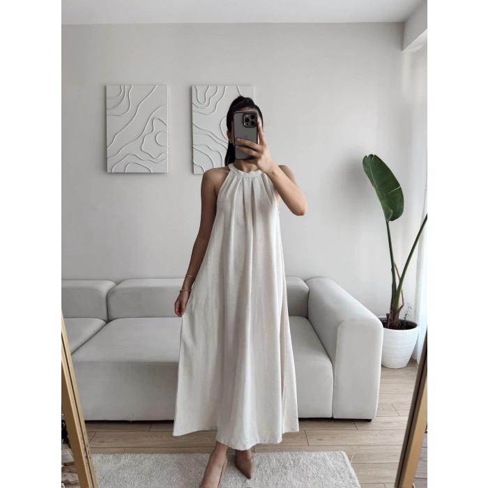 Halter Yaka Tiril Keten Elbise - BEJ