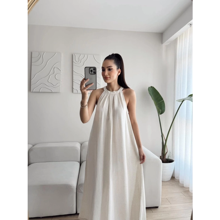 Halter Yaka Tiril Keten Elbise - BEJ