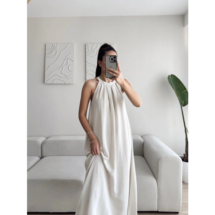 Halter Yaka Tiril Keten Elbise - BEJ