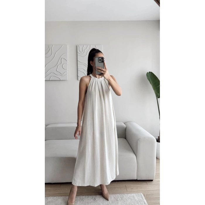 Halter Yaka Tiril Keten Elbise - BEJ