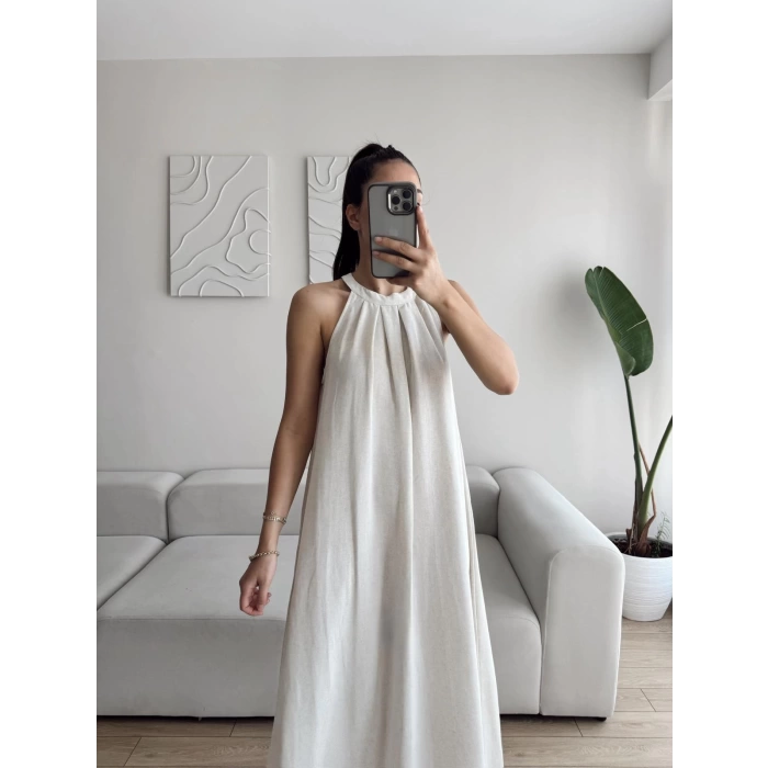 Halter Yaka Tiril Keten Elbise - BEJ