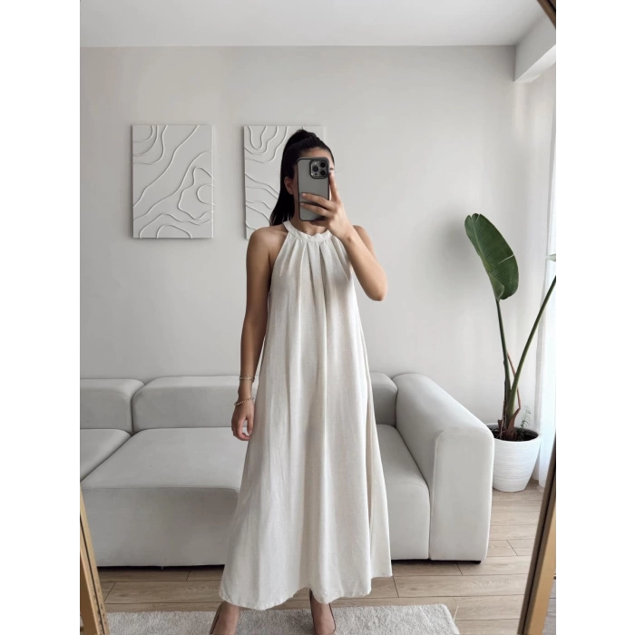 Halter Yaka Tiril Keten Elbise - BEJ
