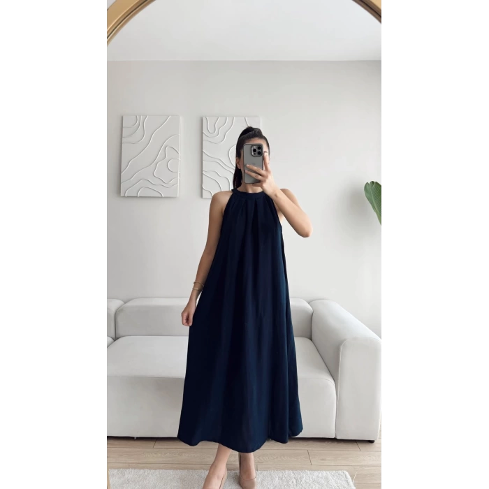 Halter Yaka Tiril Keten Elbise - LACİVERT