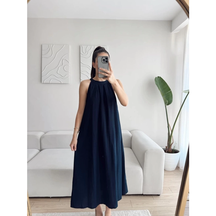 Halter Yaka Tiril Keten Elbise - LACİVERT