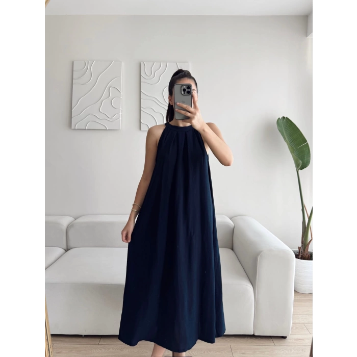 Halter Yaka Tiril Keten Elbise - LACİVERT