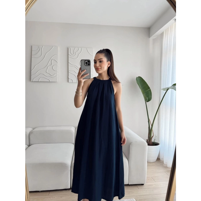 Halter Yaka Tiril Keten Elbise - LACİVERT