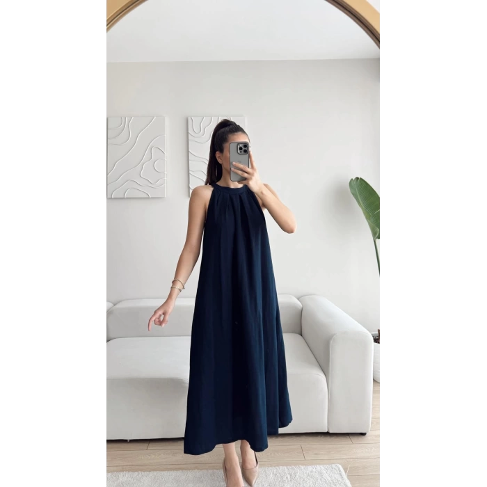 Halter Yaka Tiril Keten Elbise - LACİVERT