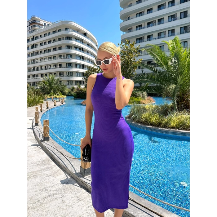 Halter Yaka Yırtmaç Elbise-MOR
