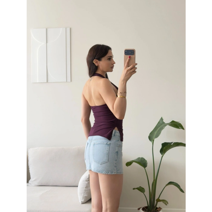 Halter Yaka Yırtmaçlı Bluz - MÜRDÜM