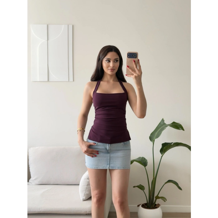 Halter Yaka Yırtmaçlı Bluz - MÜRDÜM