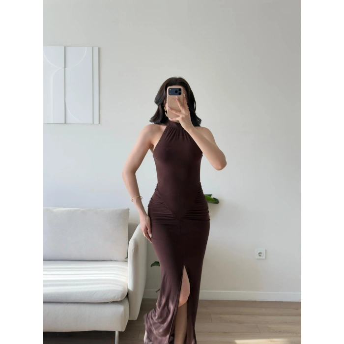 Halter Yırtmaçlı Balık Elbise - KAHVE