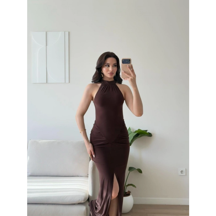 Halter Yırtmaçlı Balık Elbise - KAHVE