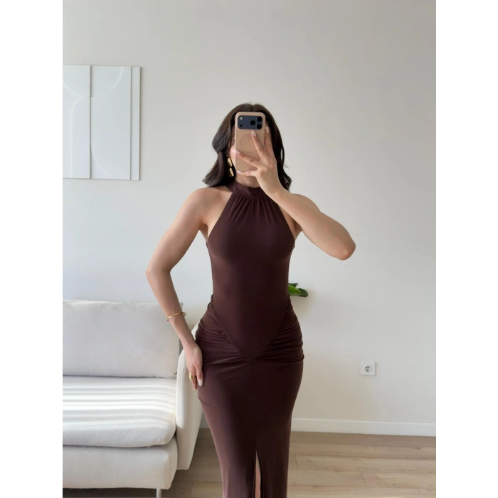 Halter Yırtmaçlı Balık Elbise - KAHVE