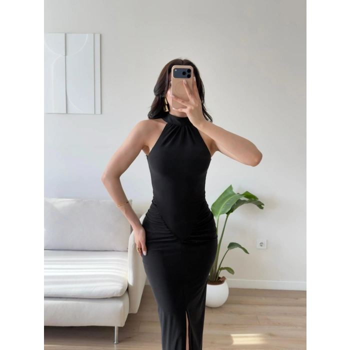 Halter Yırtmaçlı Balık Elbise - SİYAH