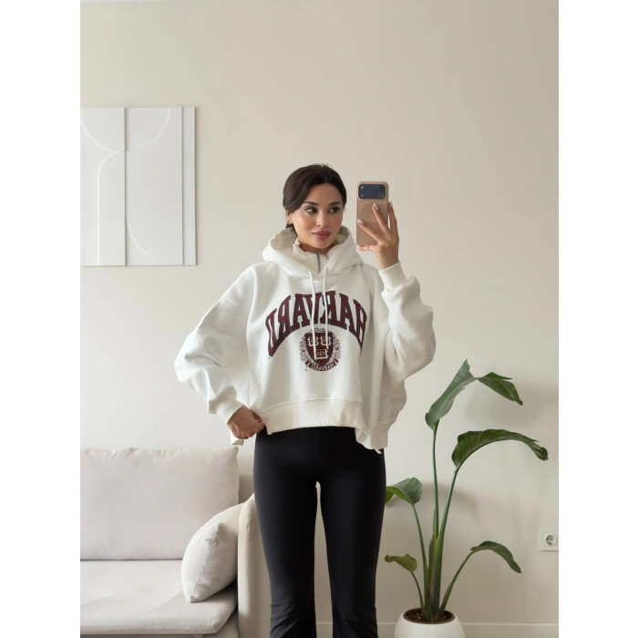 Harvard Fermuarlı Oversize Sweat - BEYAZ