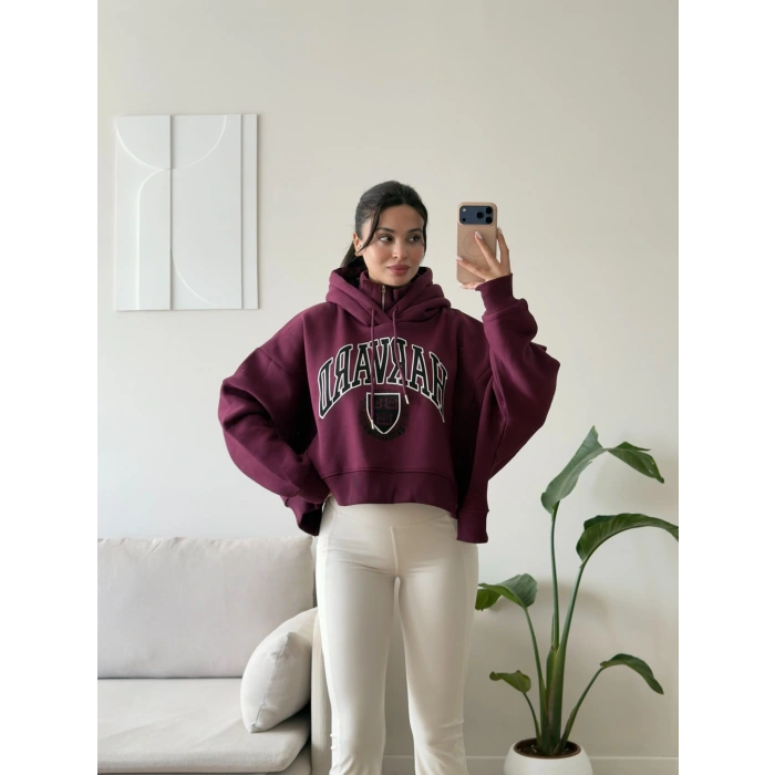 Harvard Fermuarlı Oversize Sweat - BORDO