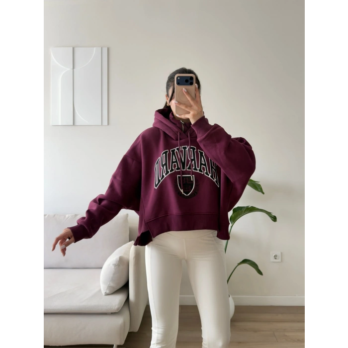 Harvard Fermuarlı Oversize Sweat - BORDO