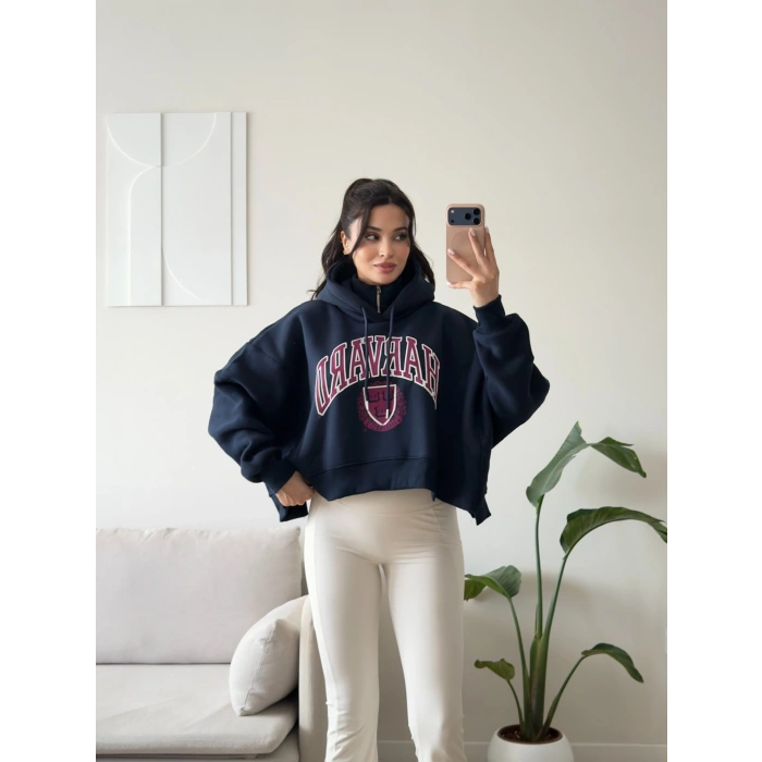 Harvard Fermuarlı Oversize Sweat - LACİVERT