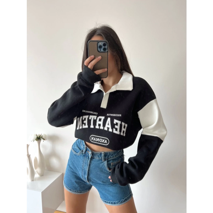 Hearten Polo Yaka Oversize Sweat-SİYAH