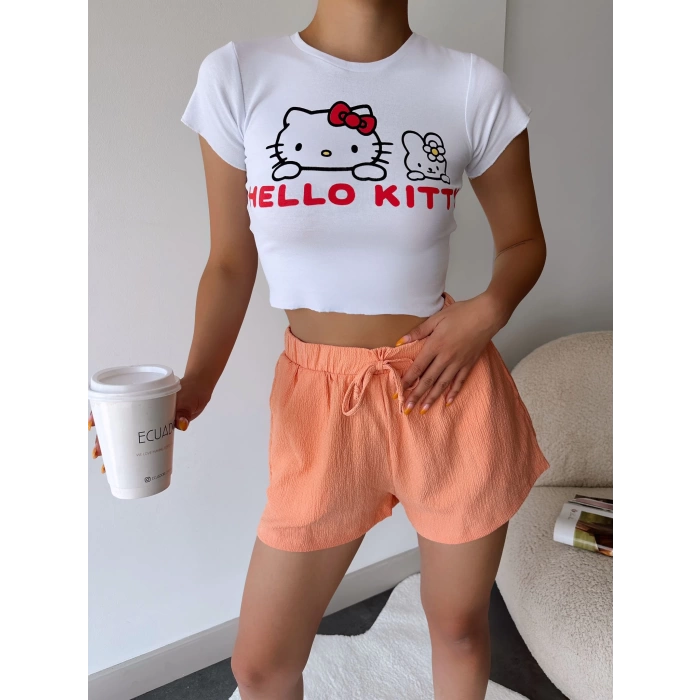 Hello Kitty Crop T-shirt-BEYAZ