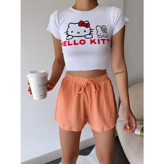 Hello Kitty Crop T-shirt-BEYAZ