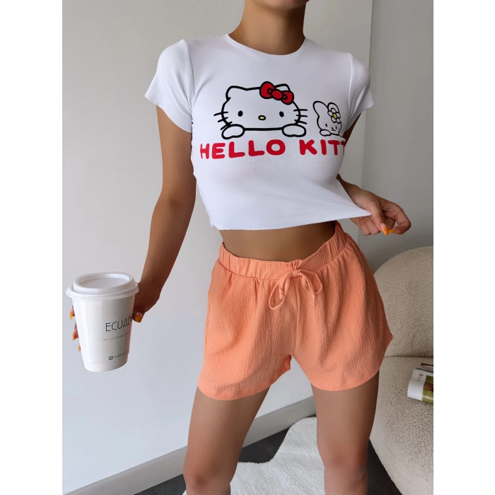 Hello Kitty Crop T-shirt-BEYAZ
